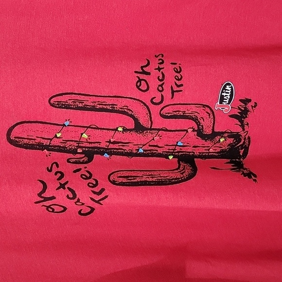 Justin Boots Size L Red "O Cactus Tree" Christmas Graphic T Shirt Exc. Used Cond - Picture 2 of 8